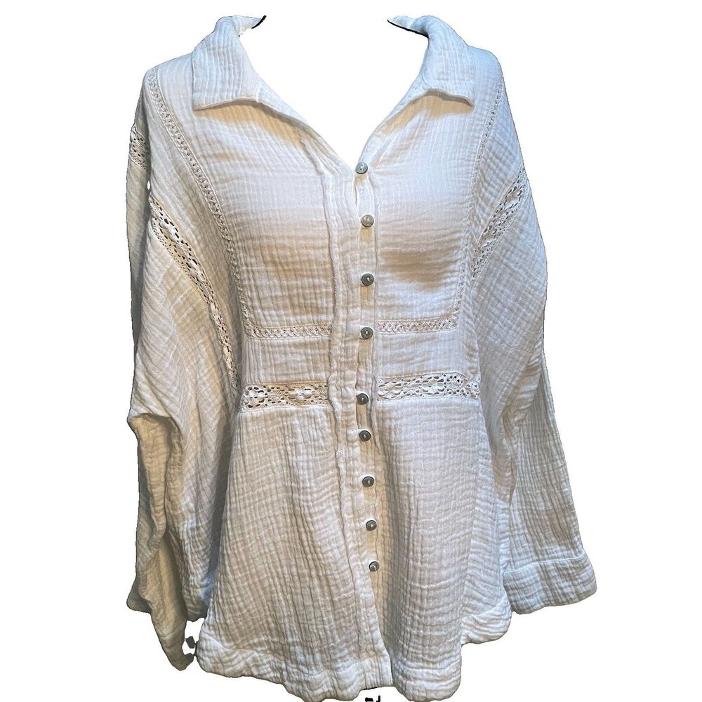 Lucky Brand White Cotton Gauze Lace Button Down Crochet Boho Blouse Large L